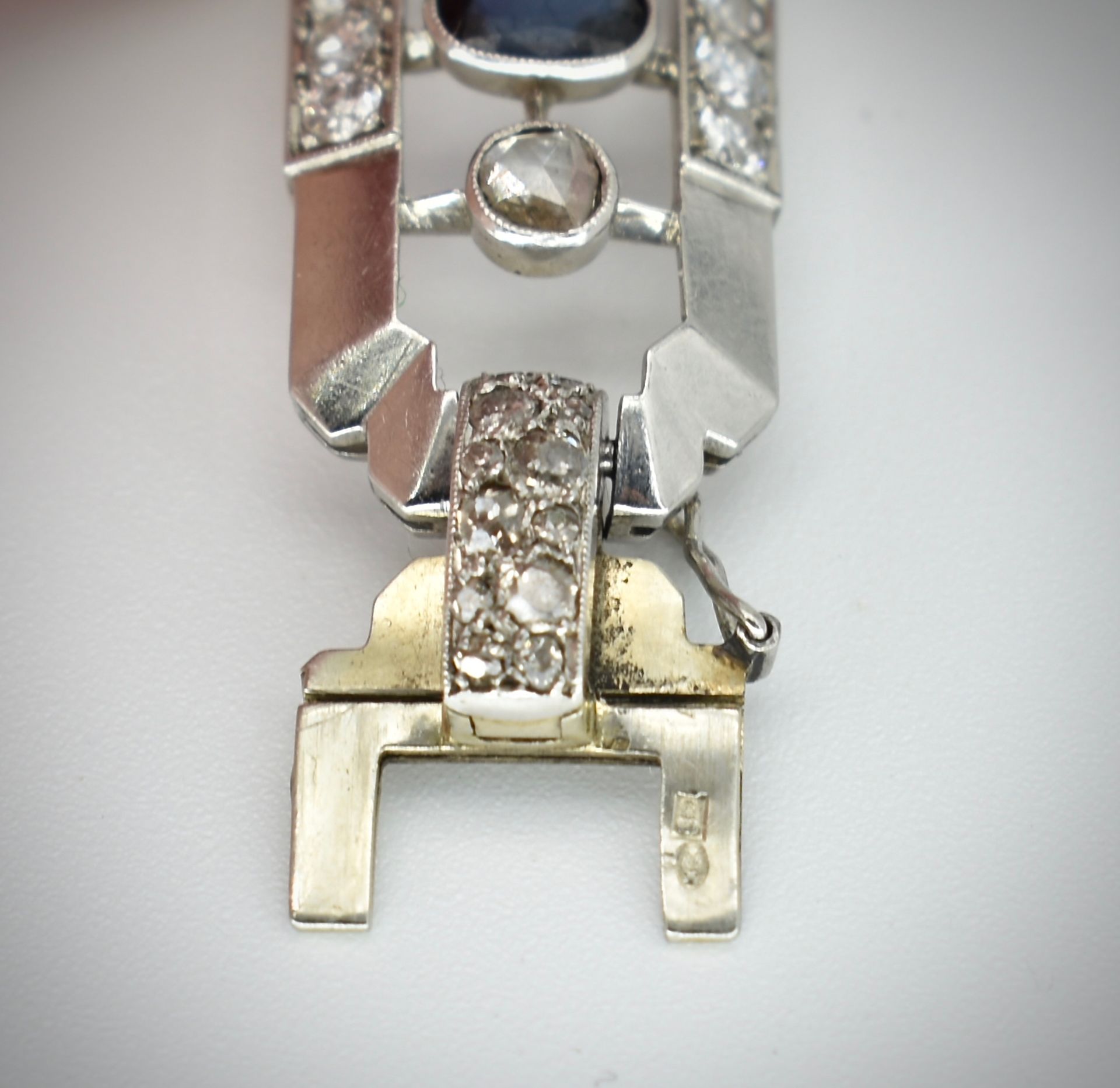 French Art Deco Platinum Sapphire & Diamond Panel Bracelet - Image 2 of 2