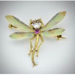 14ct Gold Ruby Diamond & Pearl Dragonfly Brooch
