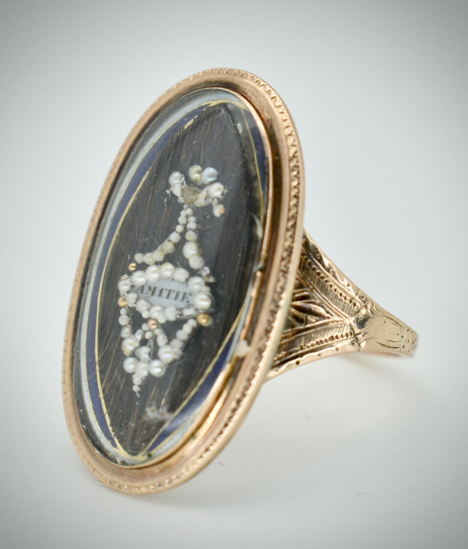 Georgian Gold Pearl Hair Work Navette Memorial Ring - Image 2 of 3