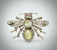 French Cats-eye Chrysoberyl Ruby & Diamond Bee Brooch Circa 1910