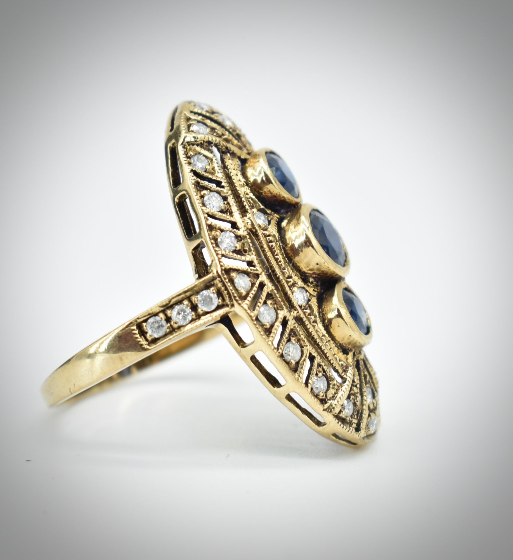 A 9ct Yellow Gold Sapphire & Diamond Navette Ring - Image 2 of 6