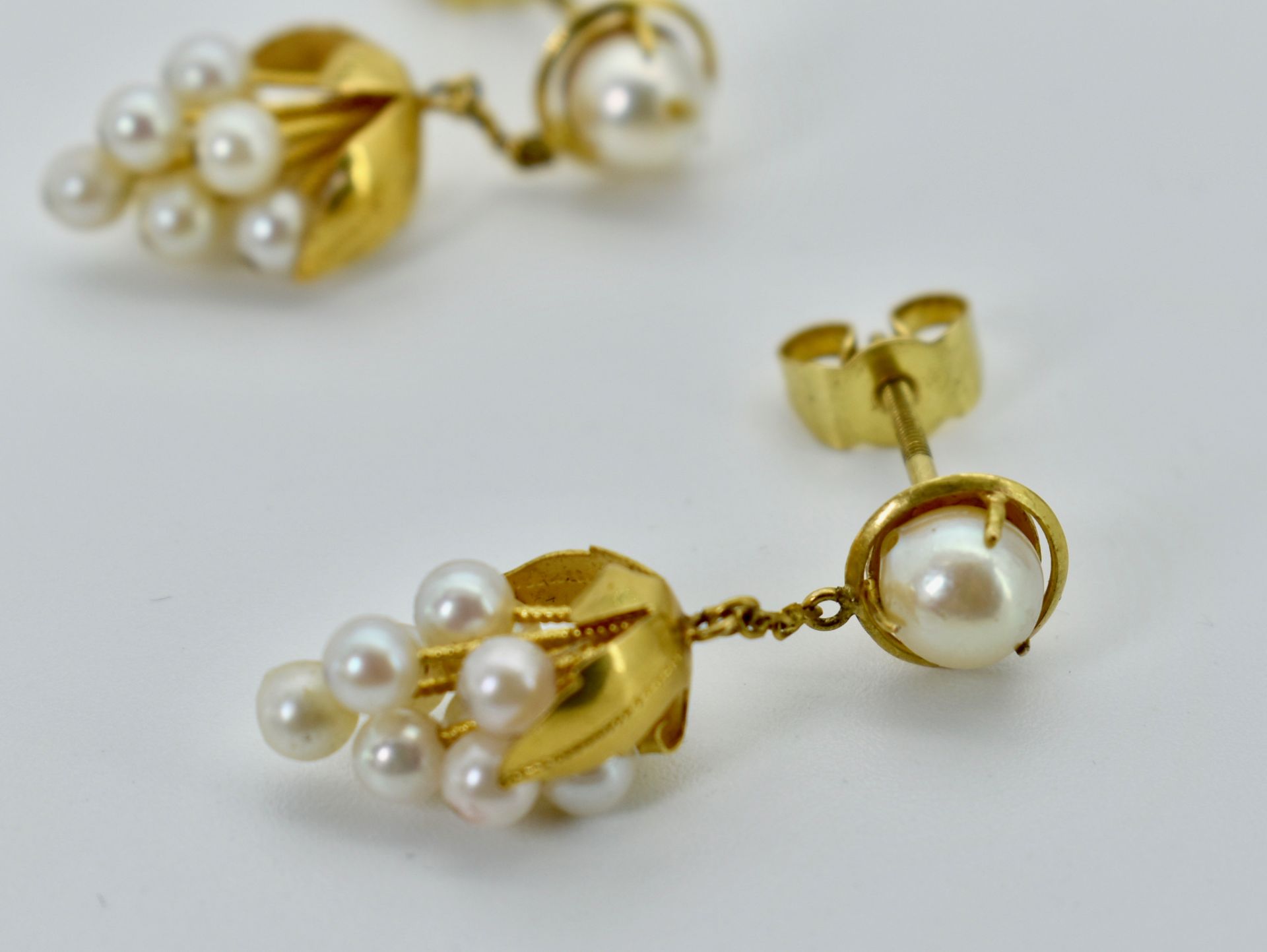 Pair 18ct Yellow Gold & Pearl Drop Cluster Earrings - Image 4 of 4