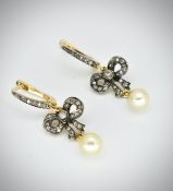 A Pair of 585 & Silver Gold Pearl & Diamond Earrings