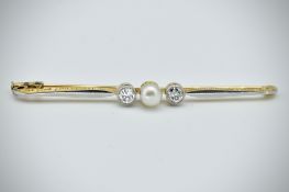 An 18ct Gold Pearl & Diamond Bar Brooch