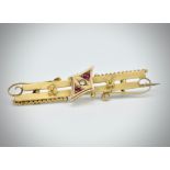 Victorian 19th Century 9ct Gold Hallmarked Ruby & Diamond Bar Brooch