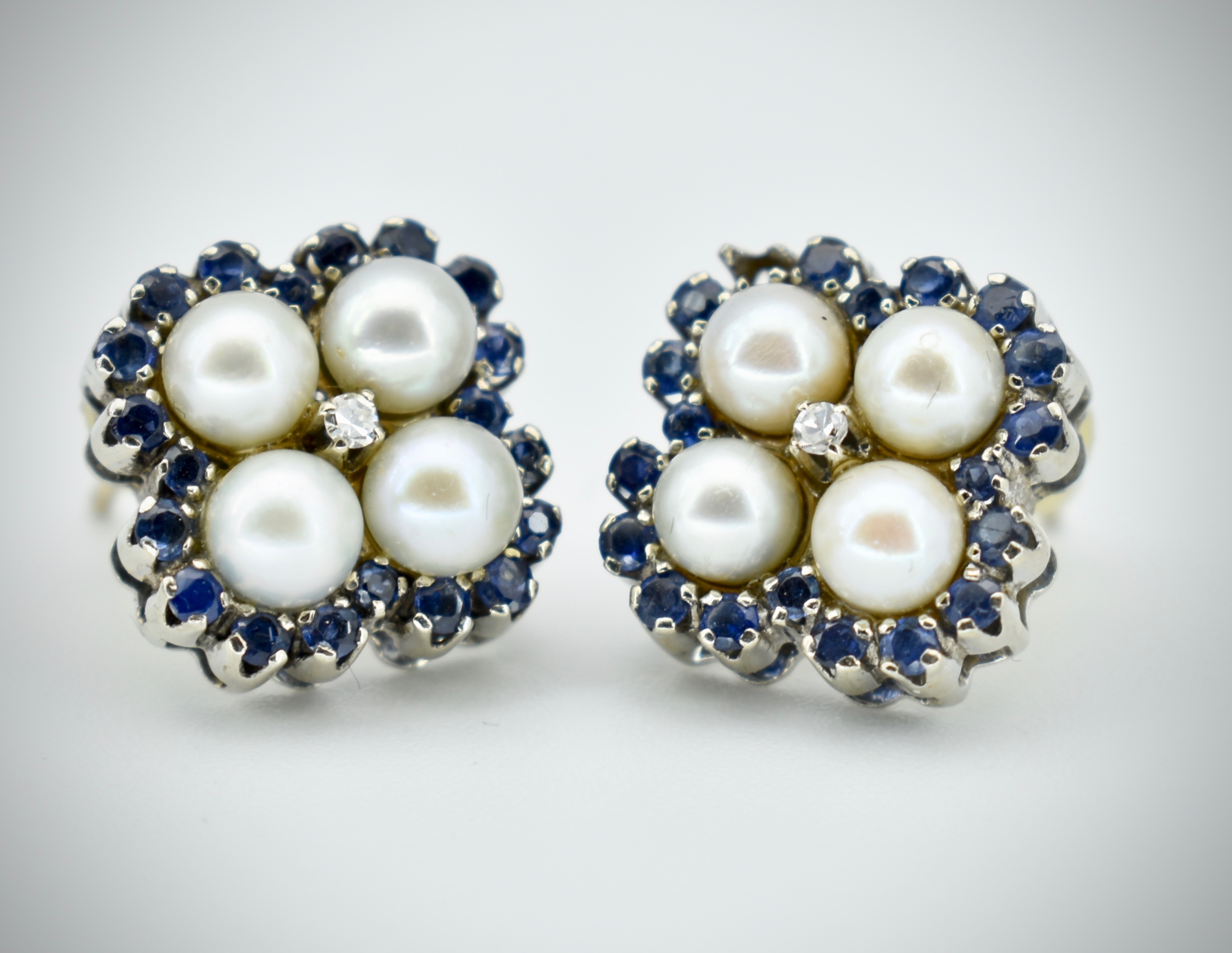 Pair of White Gold, Sapphire & Diamond Pearl Cluster Earrings / Studs - Image 2 of 4