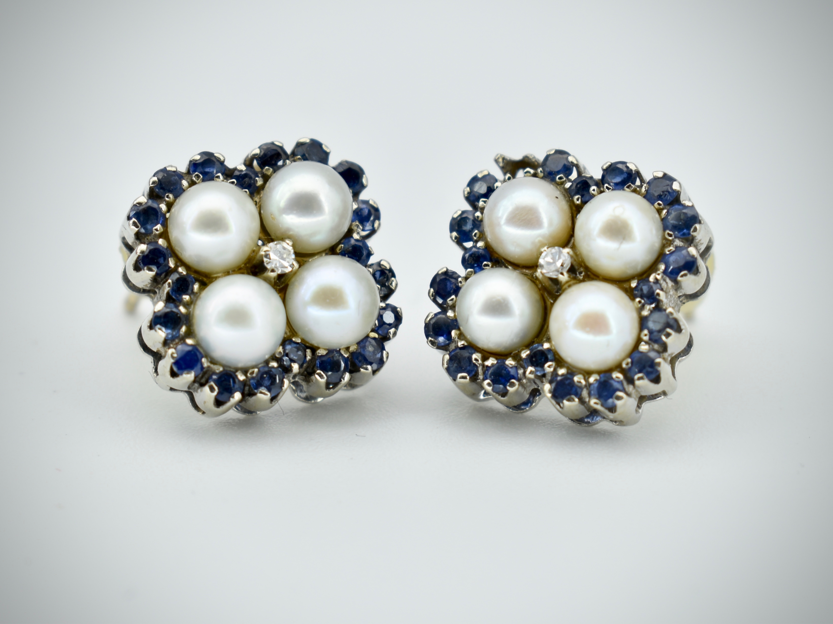 Pair of White Gold, Sapphire & Diamond Pearl Cluster Earrings / Studs - Image 3 of 4