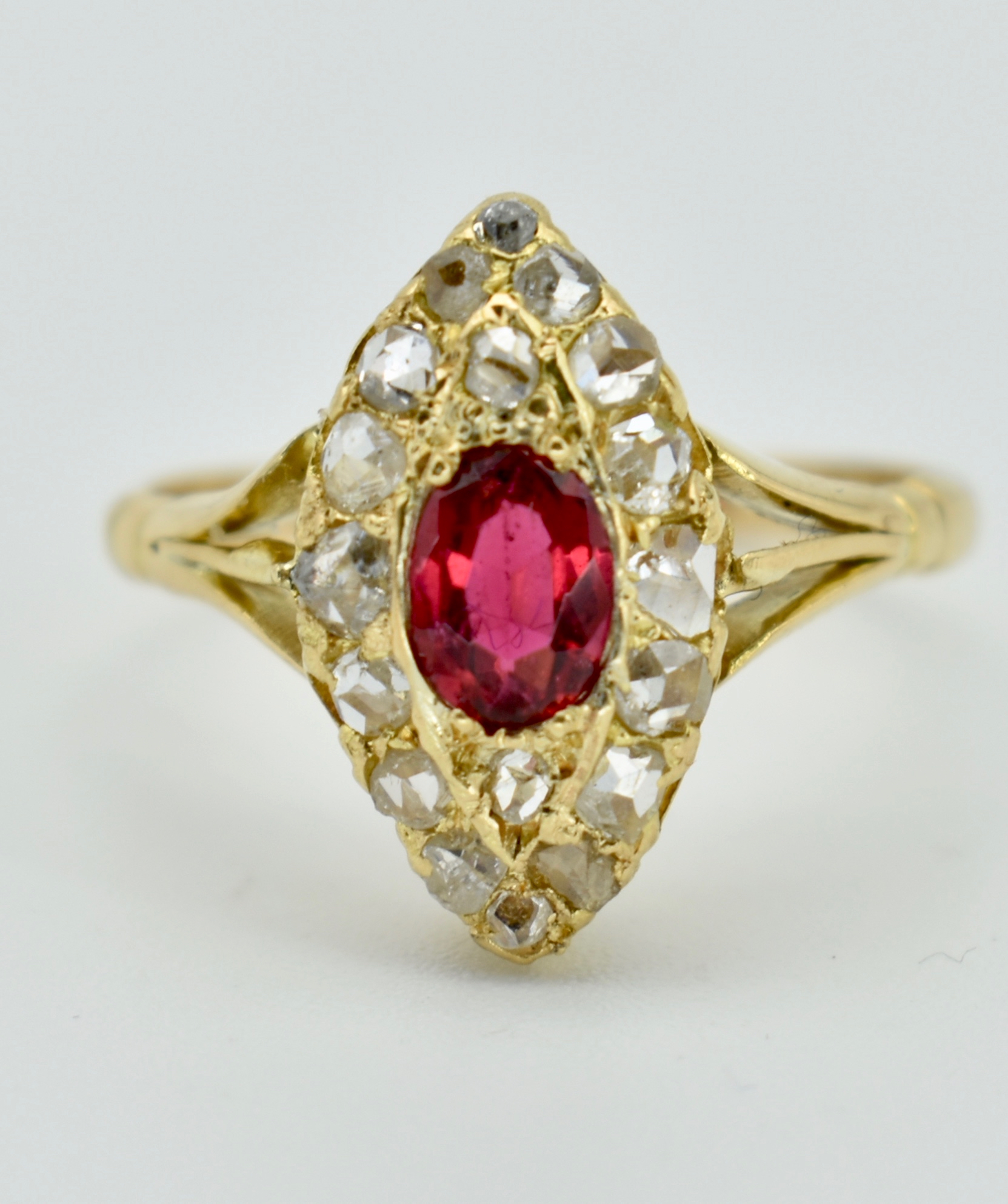 Gold Ruby & Diamond Navette Ring