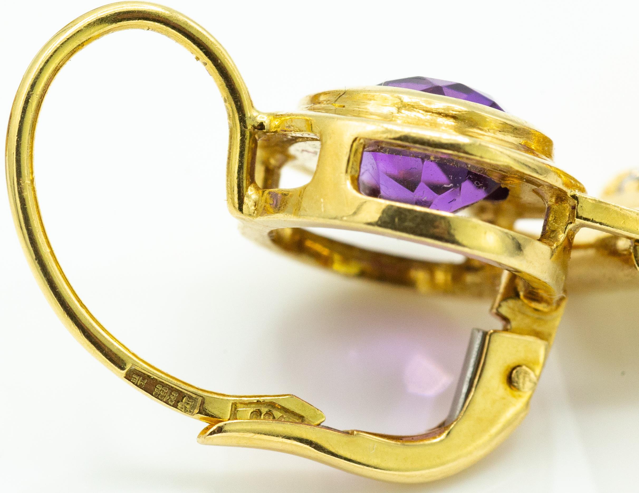 A Pair of Italian 18ct Gold Amethyst & Diamond Drop Earrings - Image 4 of 5