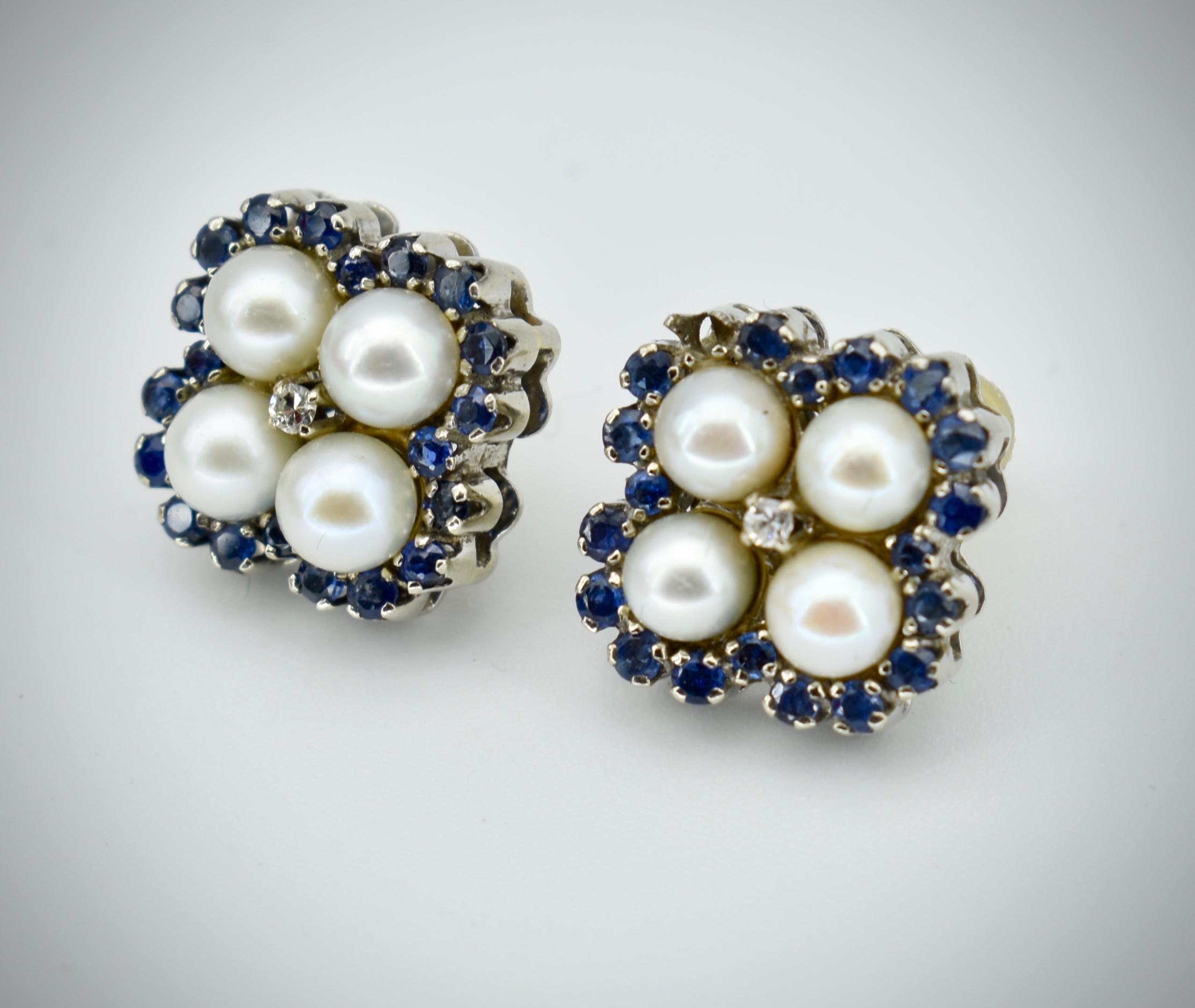 Pair of White Gold, Sapphire & Diamond Pearl Cluster Earrings / Studs