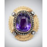 French 18Ct Gold Amethyst & Diamond Brooch Pendant