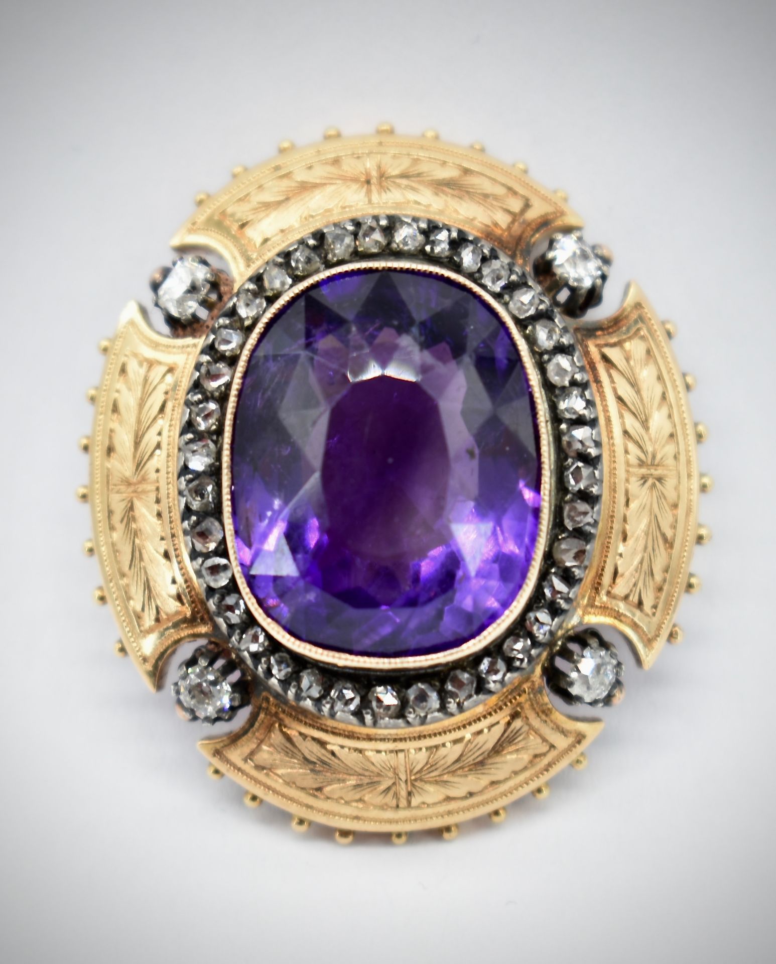 French 18Ct Gold Amethyst & Diamond Brooch Pendant