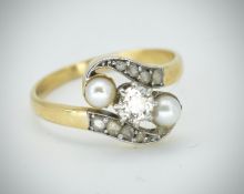 18ct Gold, Pearl & Diamond Crossover Ring