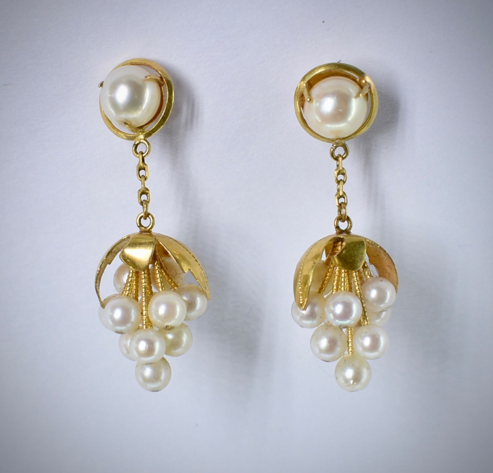 Pair 18ct Yellow Gold & Pearl Drop Cluster Earrings