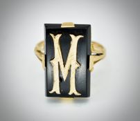 18ct Gold & Onyx ' M ' Cartouche Panel Ring