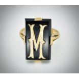 18ct Gold & Onyx ' M ' Cartouche Panel Ring