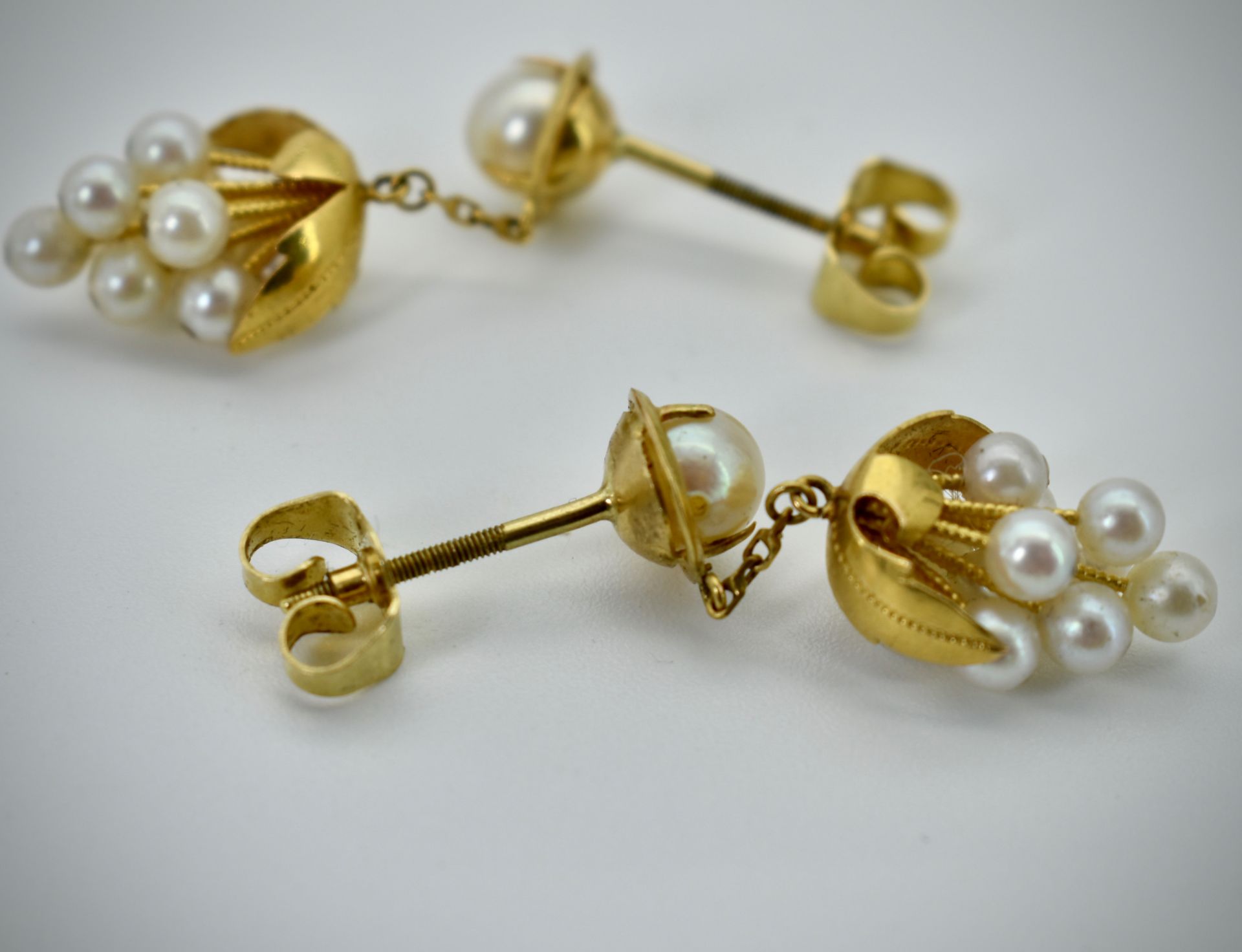 Pair 18ct Yellow Gold & Pearl Drop Cluster Earrings - Image 3 of 4