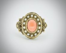 9ct Gold Coral & Pearl Ring