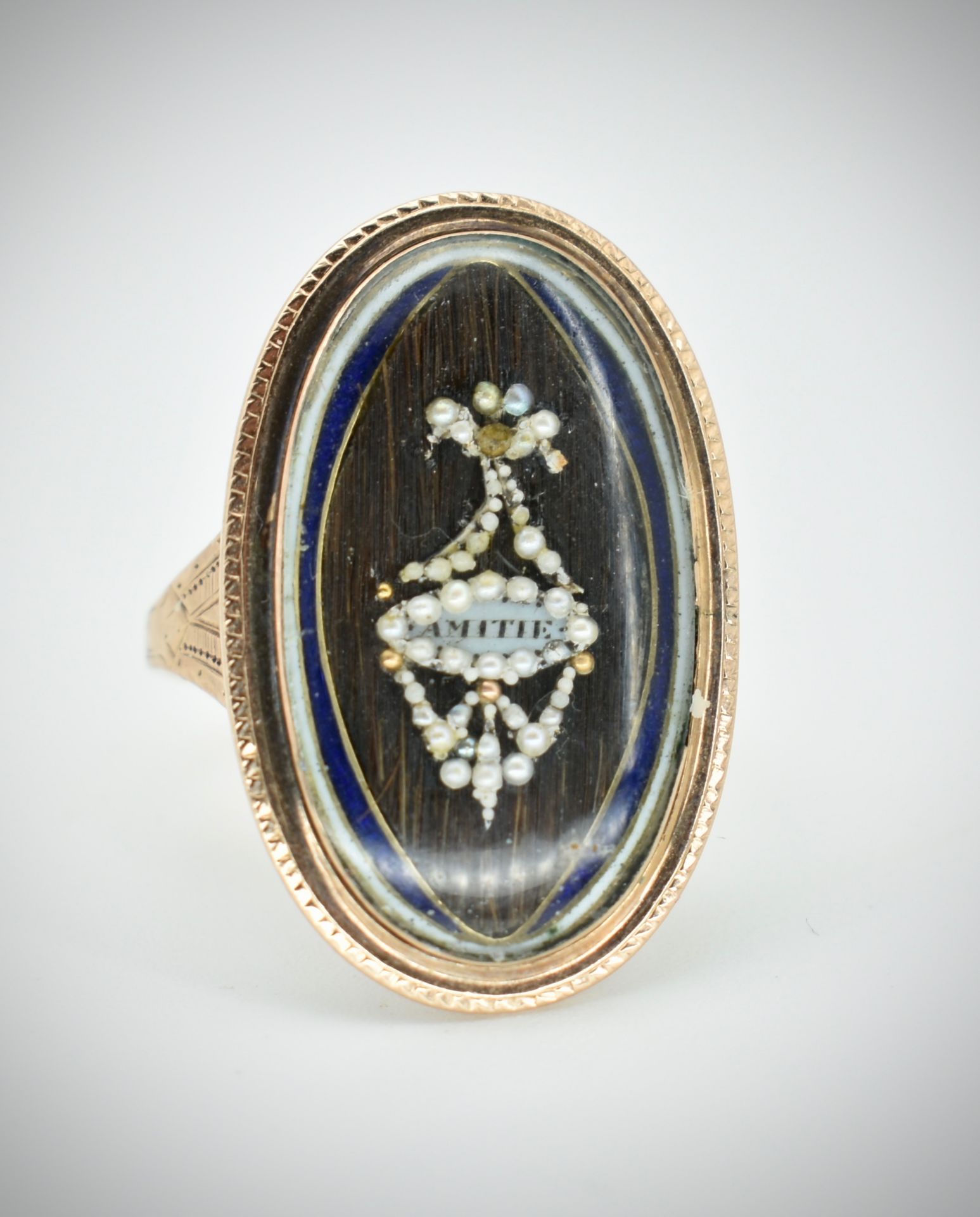 Georgian Gold Pearl Hair Work Navette Memorial Ring