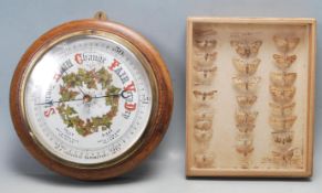 EARLY 20TH MAHOGANY CASED BAROMETER AND COLLECTION OF 1916 MOTHS