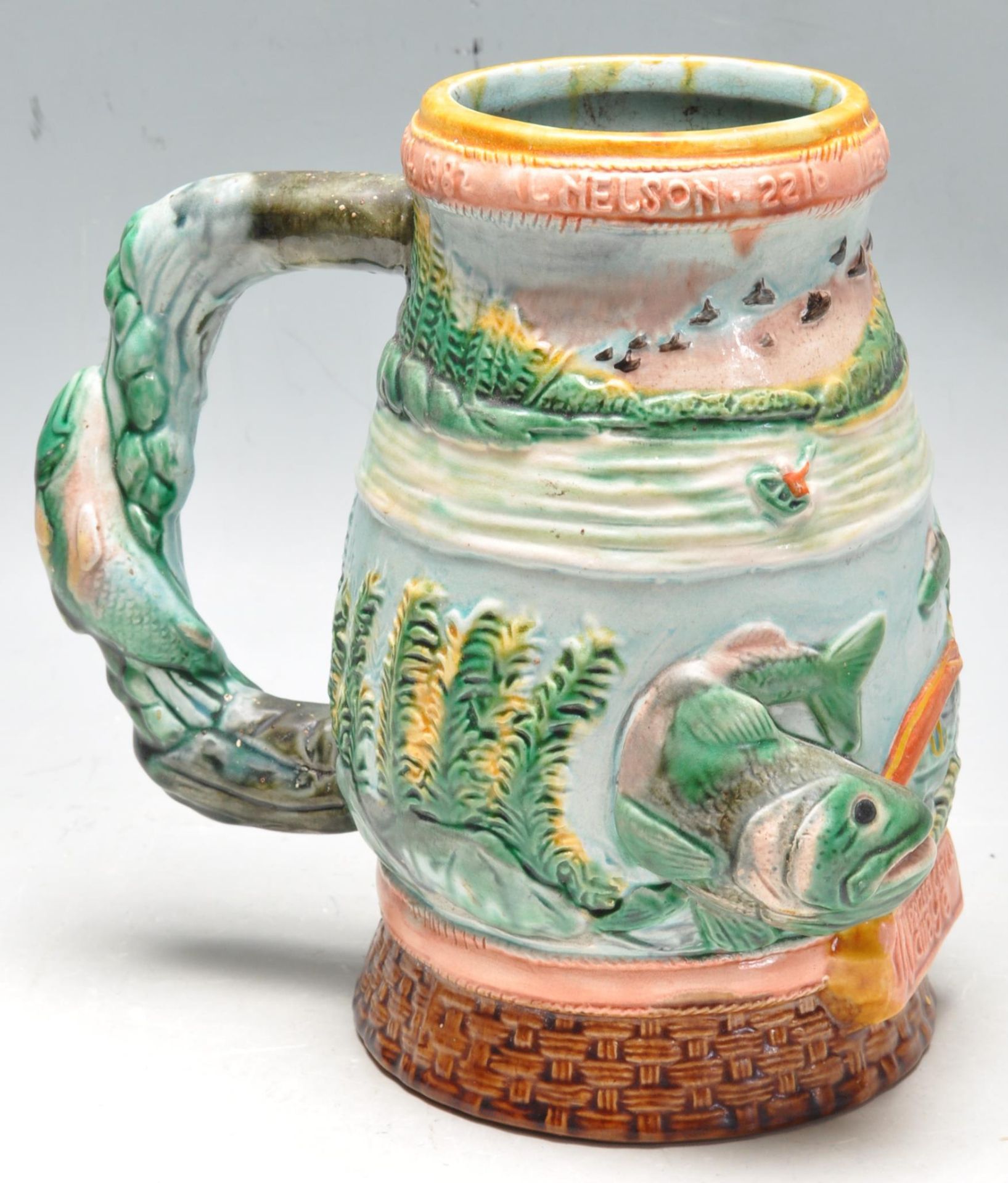 VINTAGE LATE 20TH CENTURY MAJOLICA STYLE FISHING BEER TANKARD STEIN