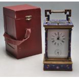 FRENCH BRASS AND ENAMEL CARRIAGE CLOCK WITH BOX AND KEY