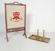 EDWARDIAN MAHOGANY FIRE SCREEN AND BRASS CANDLESTICKS