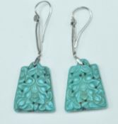 ART DECO 19CT GOLD AND CARVED TURQUOISE DROP EARRINGS