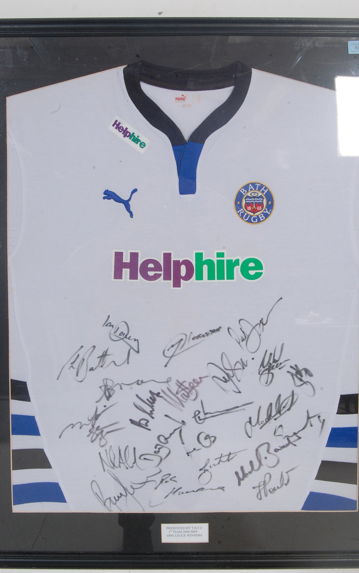 A signed and framed Bath Rugby shirt being well framed and presented bearing notation box for 1st - Image 2 of 9