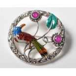 STAMPED .925 STERLING SILVER BROOCH WITH ENAMEL DECORATED BIRD TO THE CENTRE