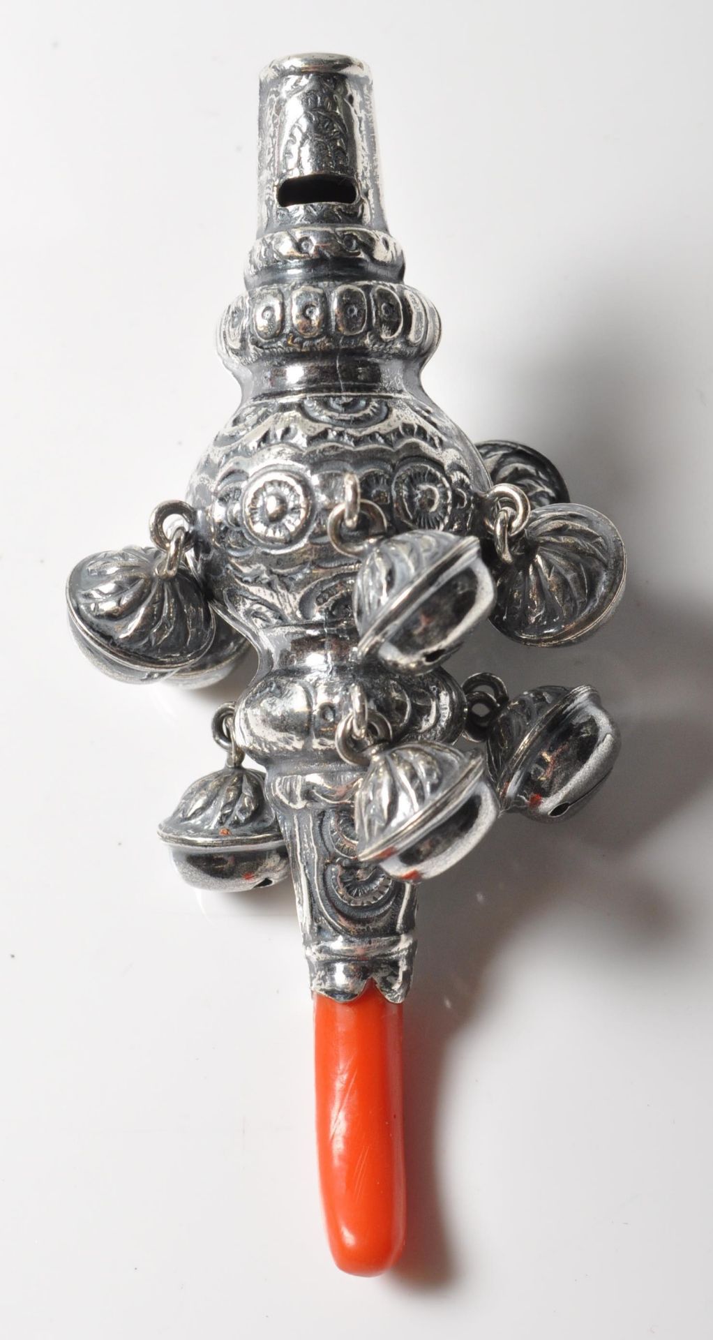 ANTIQUE STYLE REGENCY REVIVAL CONTINENTAL SILVER AND CORAL BABIES RATTLE.