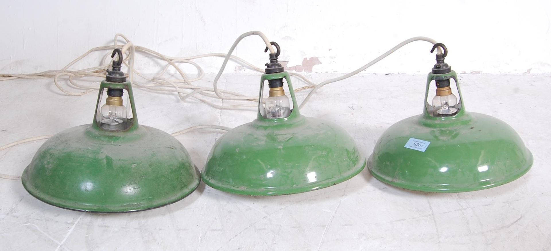 THREE VINTAGE RETRO 20TH CENTURY FACTORY INDUSTRIAL UFO LIGHTS