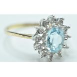 9CT GOLD AQUAMARINE & DIAMOND CLUSTER RING