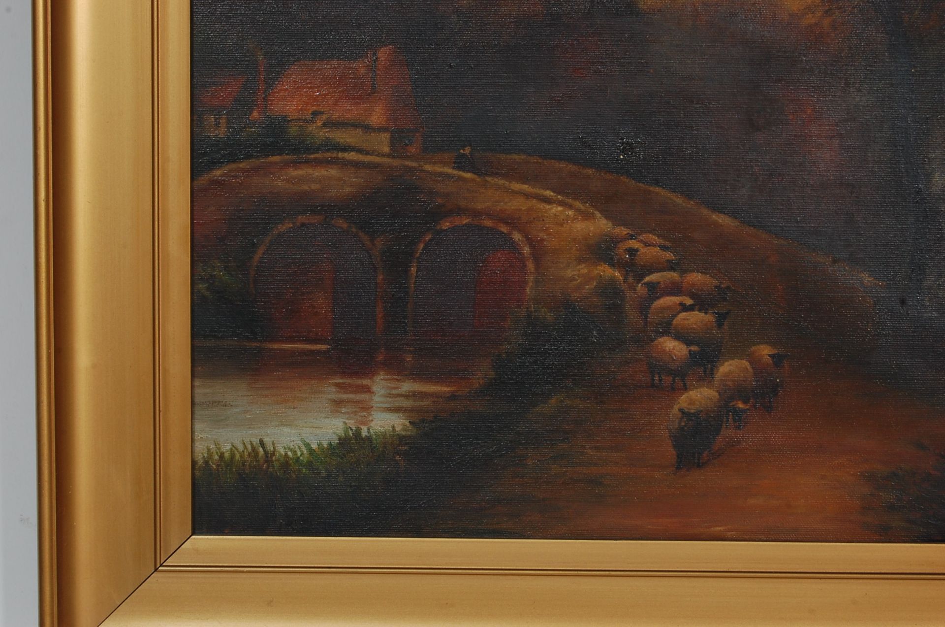 19TH CENTURY OIL ON CANVAS PAINTING DEPICTING SHEEP ON A BRIDGE - Bild 3 aus 4