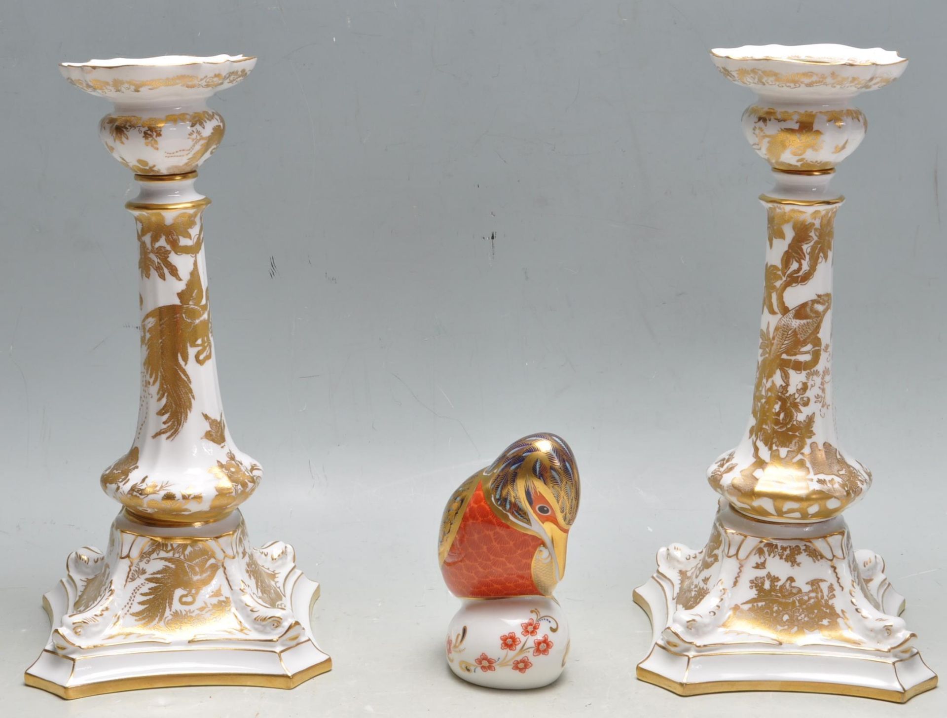 PAIR OF ROYAL CROWN DERBY AVES PATTERN SINGLE SCONCE CANDLESTICKS AND A KINGFISHER PAPERWEIGHT