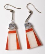 ART DECO WHITE GOLD AND HARD STONE PANEL DROP EARRINGS