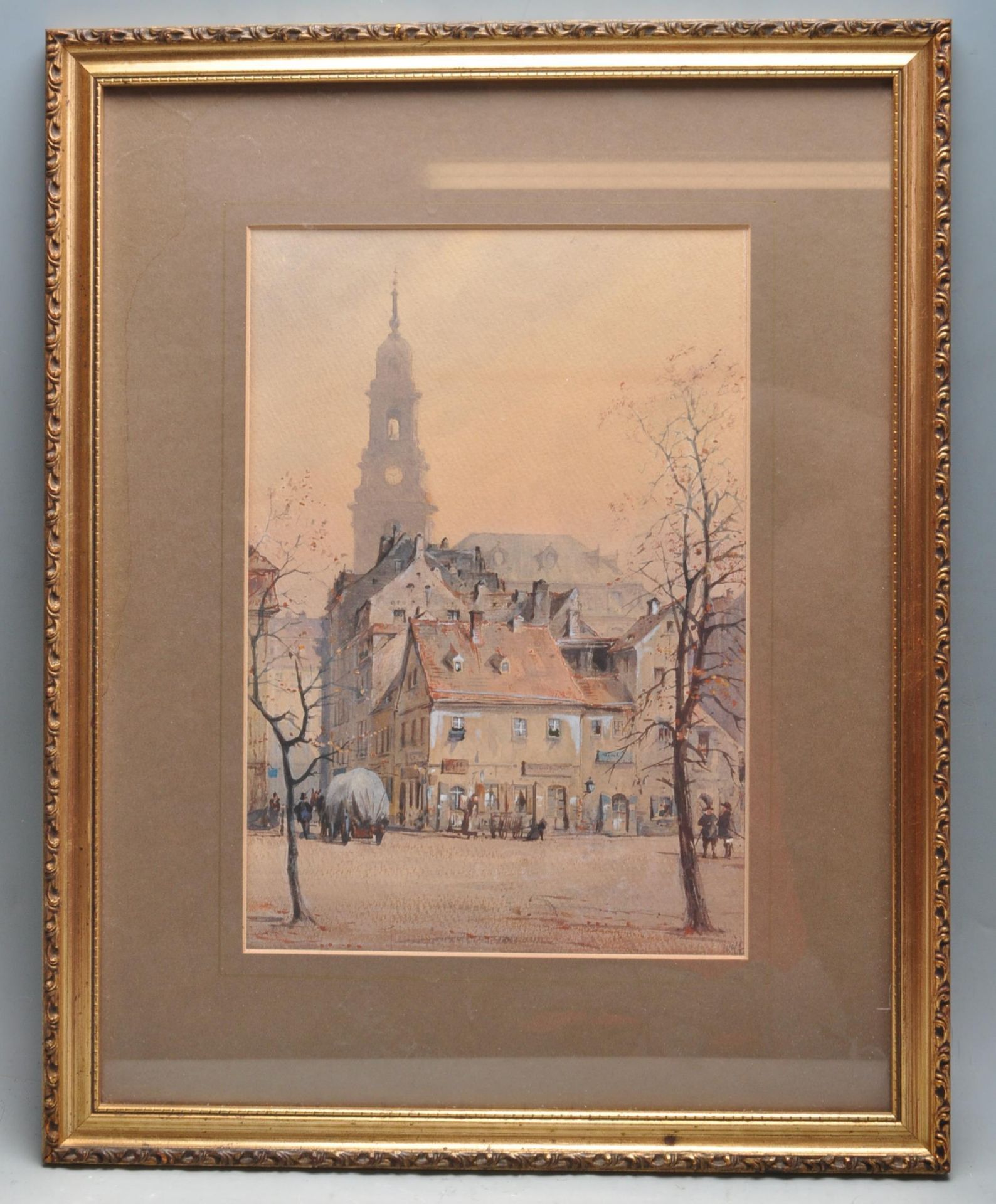 J. HARCOURT 1897 WATERCOLOUR PAINTING KREUZKIRCHE DRESDEN