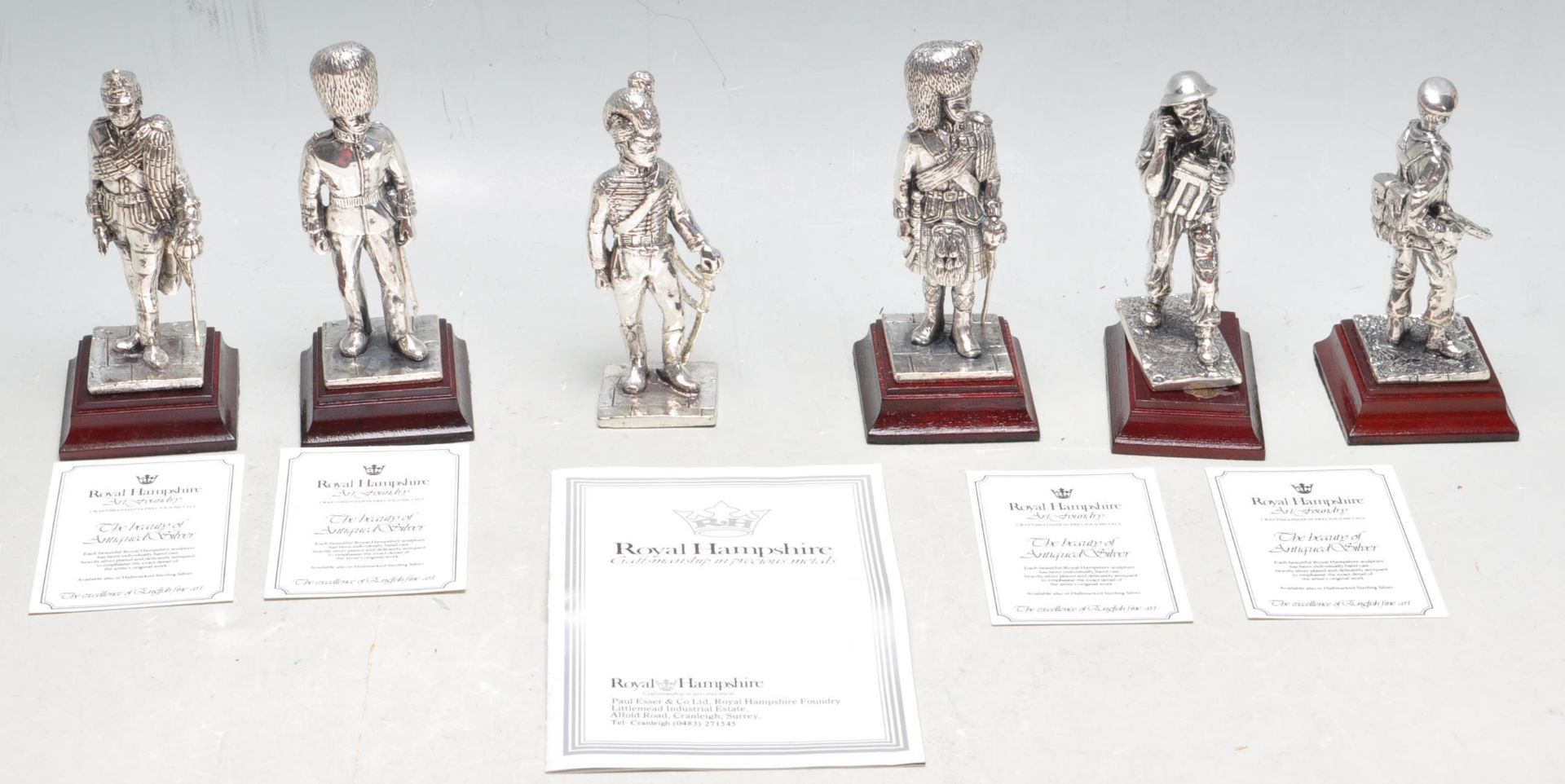 SIX ROYAL HAMPSHIRE ART FOUNDRY PEWTER MILITARY FIGURES