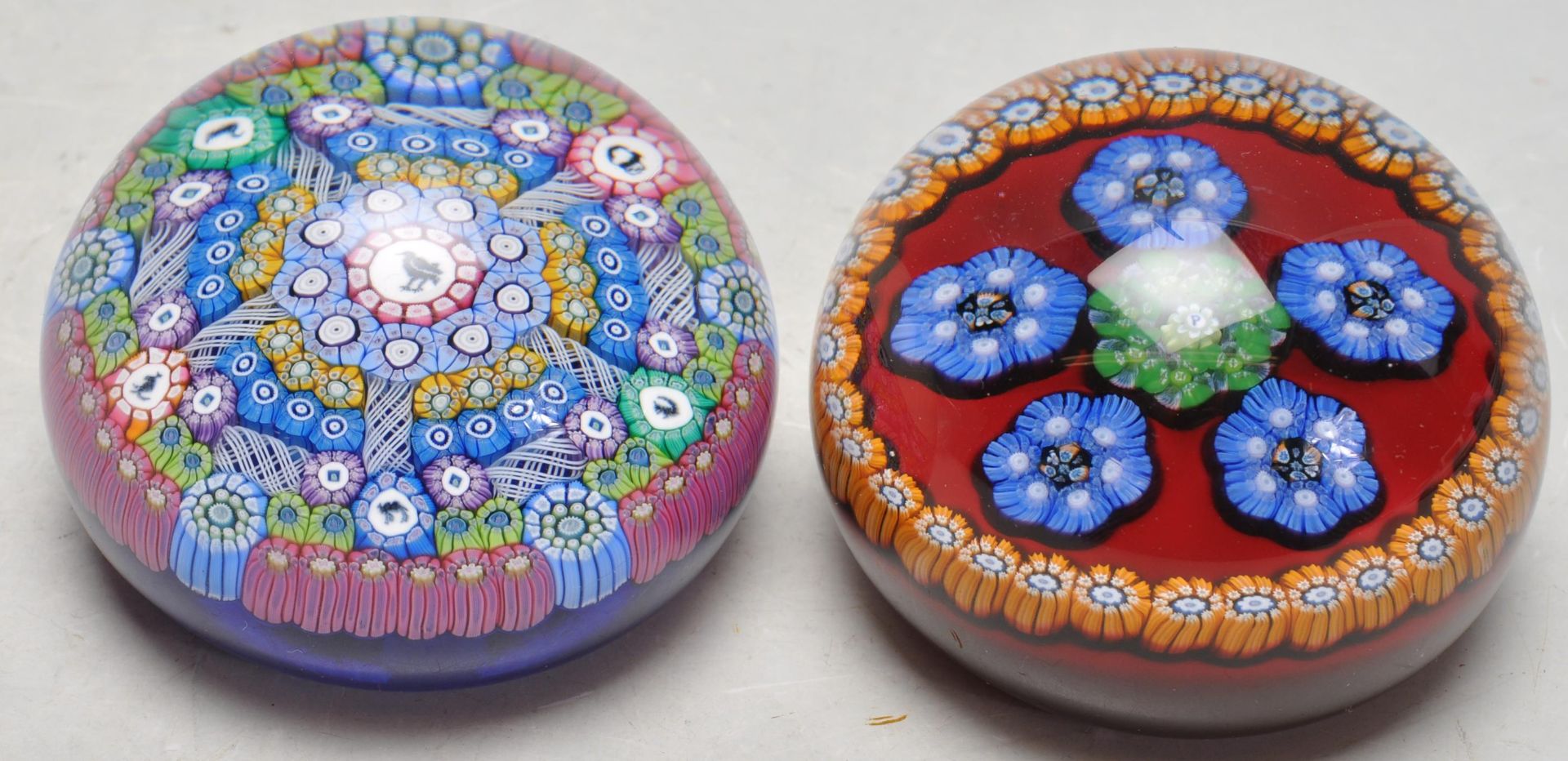 TWO VINTAGE LATE 20TH CENTURY STUDIO ART GLASS PAPERWEIGHTS