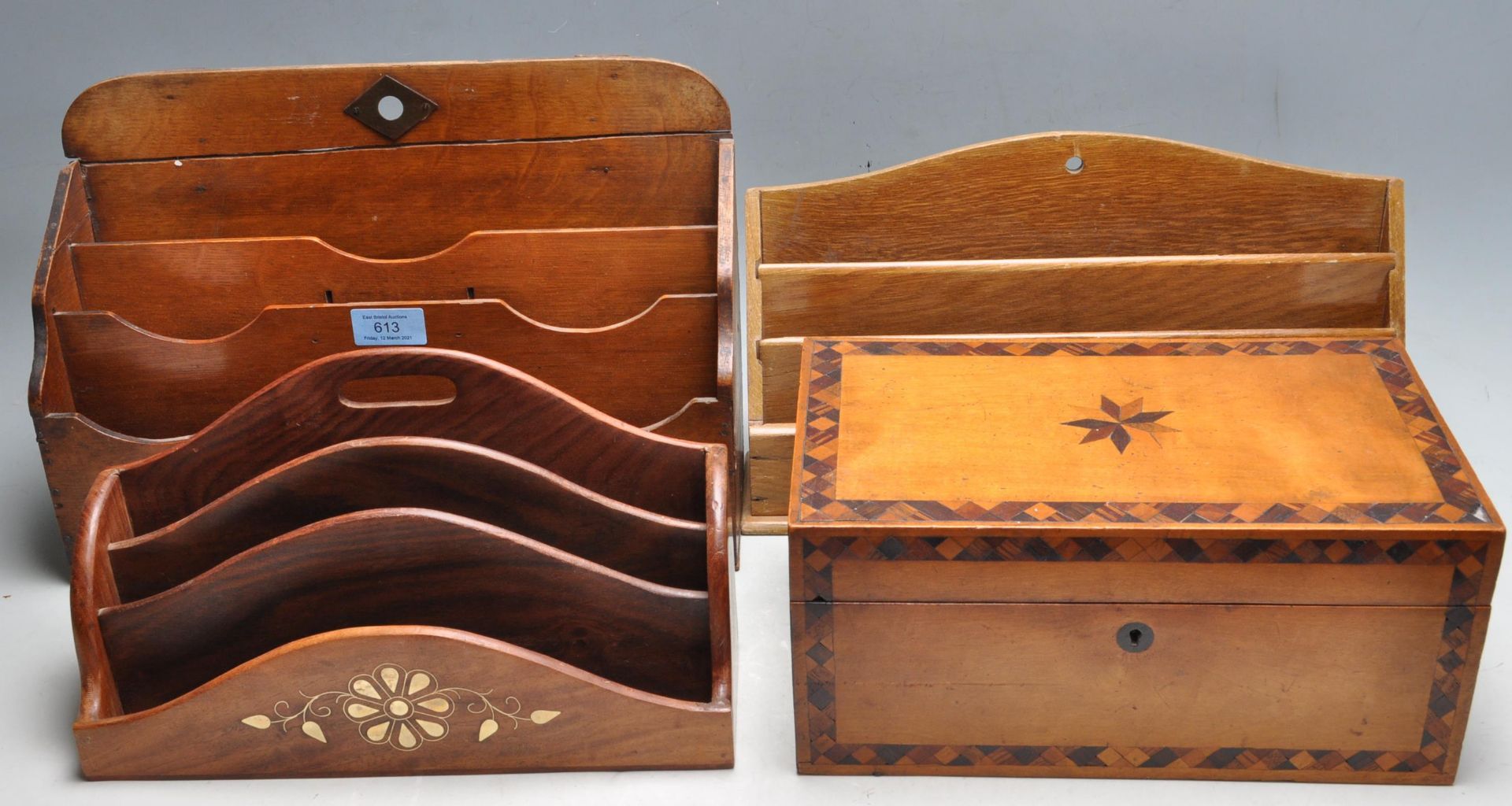 THREE 20TH CENTURY FAILING DESK TOP POCKET AND A RECTANGULAR WOODEN BOX