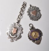 THREE ANTIQUE SILVER HALLMARKED FOB MEDALS