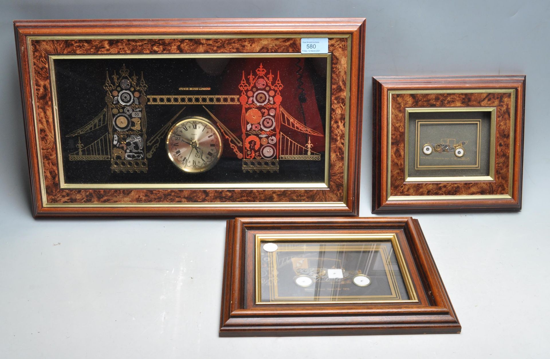 THREE VINTAGE 20TH CENTURY KEN BROADBENT WATCH PARTS COLLAGES PICTURE FRAMES