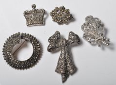 COLLECTION OF FIVE ANTIQUE AND LATER STERLING SILVER & MARCASITE BROOCHES