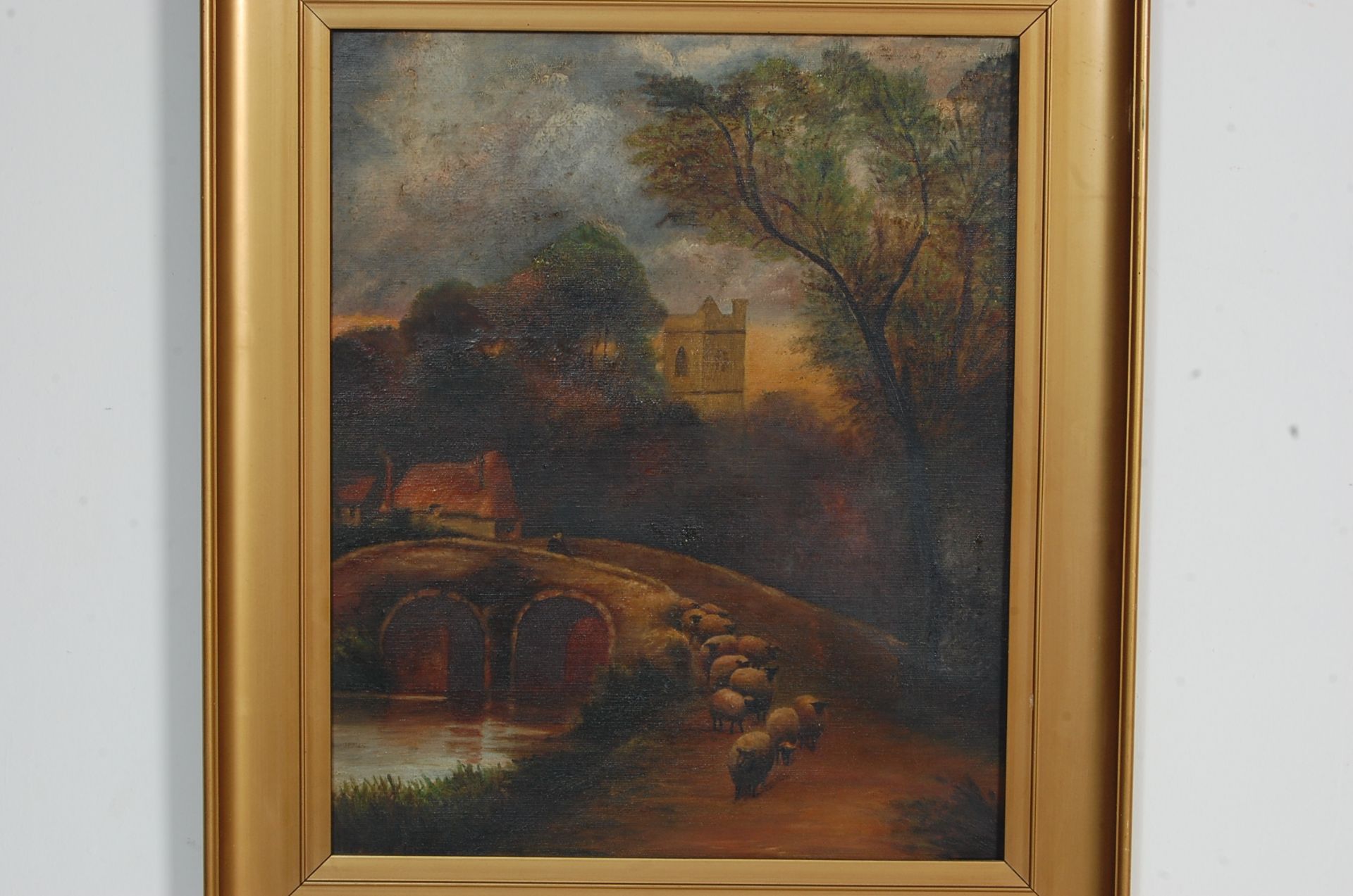 19TH CENTURY OIL ON CANVAS PAINTING DEPICTING SHEEP ON A BRIDGE - Bild 2 aus 4