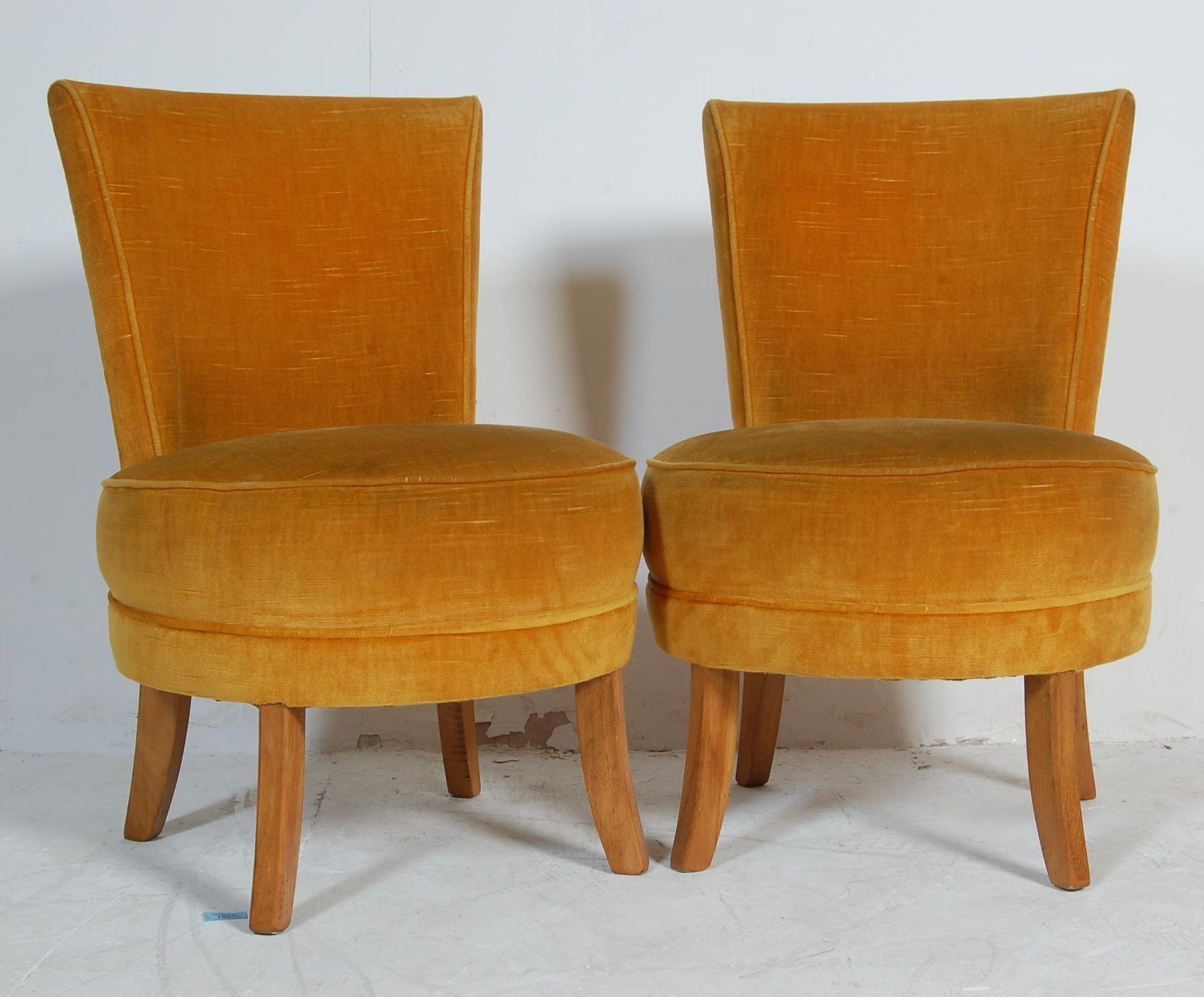 TWO 1950’S VINTAGE RETRO BEDROOM CHAIRS UPHOLSTERED IN YELLOW VELVET