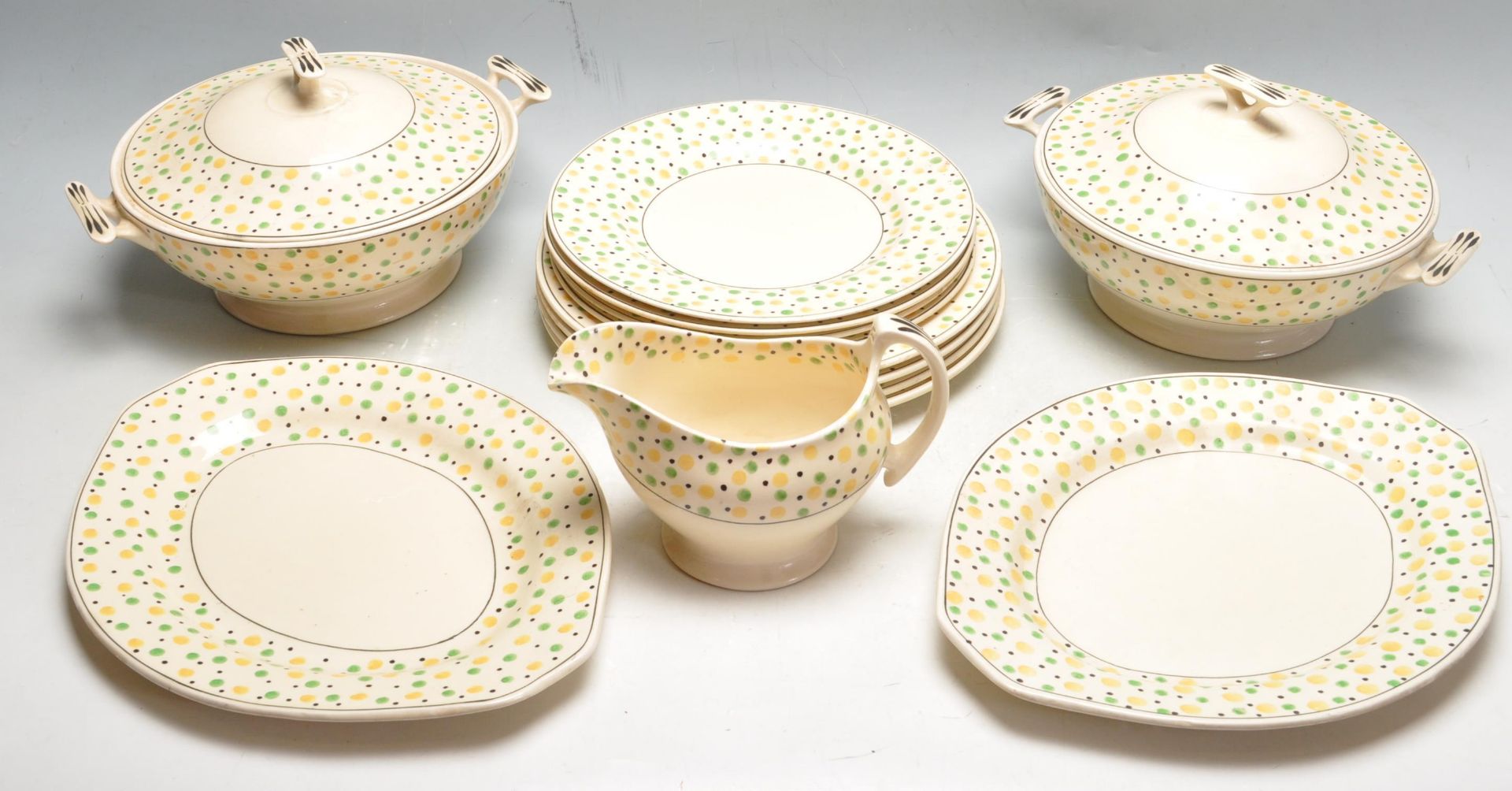 EARLY 20TH CENTURY ART DECO TITIAN WARE HAND PAINTED POLKA DOT DINNER SERVICE