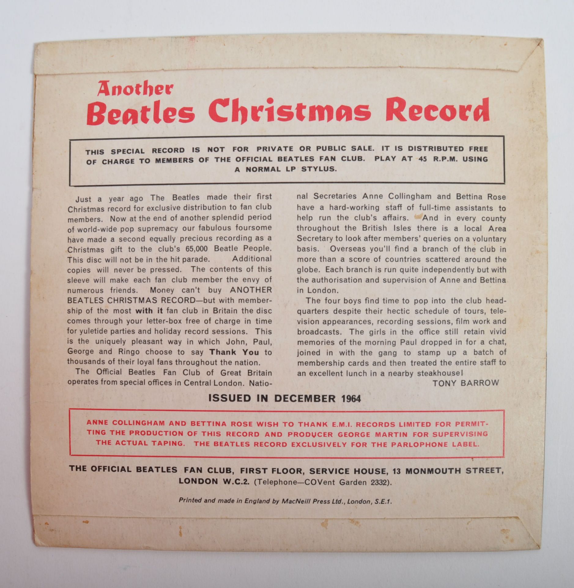 THE BEATLES - 1964 CHRISTMAS FLEXI DISC FAN CLUB - Bild 2 aus 3