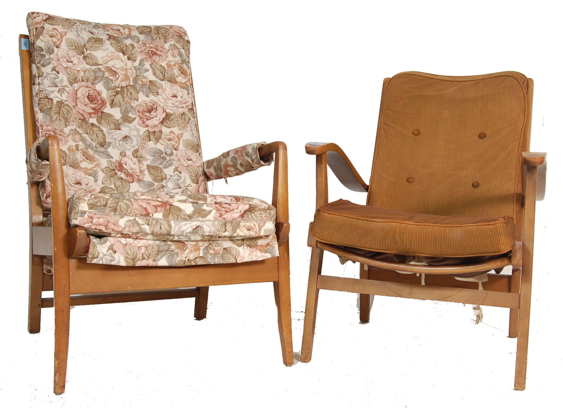 TWO RETRO 20TH CENTURY TEAK WOOD CINTIQUE ARMCHAIRS