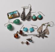 GROUP OF SILVER EARRINGS, BROOCH AND PIN