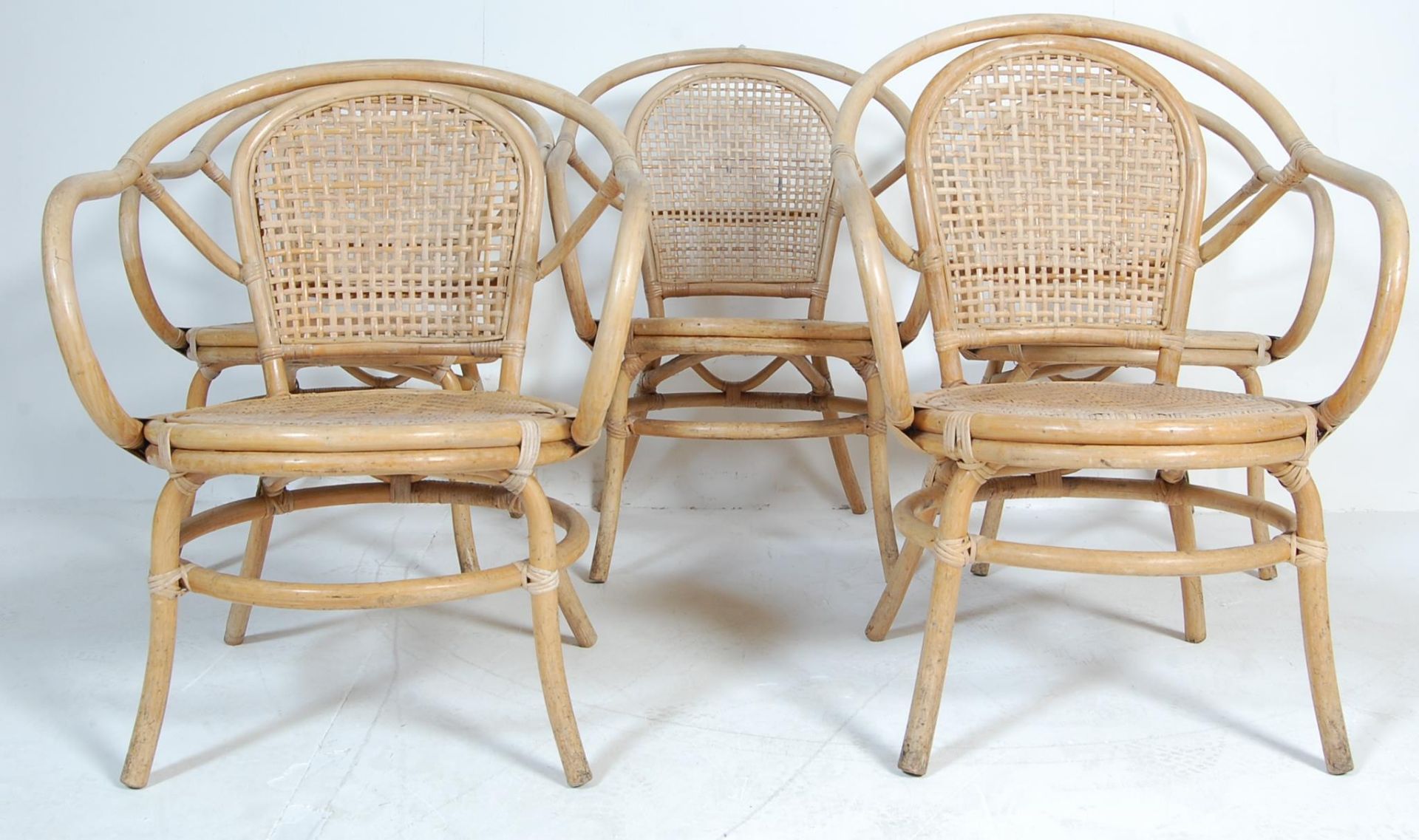 FIVE VINTAGE RETRO BENT BAMBOO CONSERVATORY CHAIRS